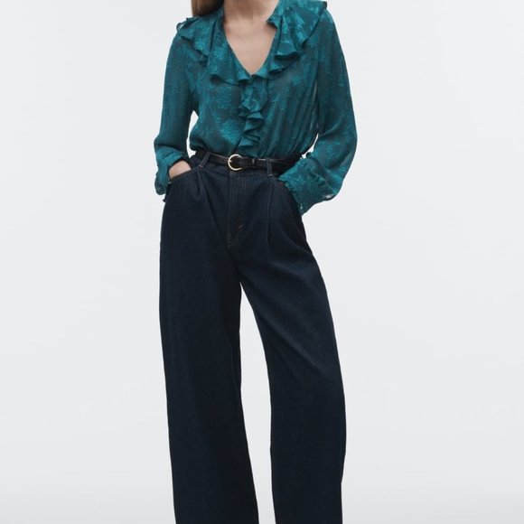 ZARA RUFFLED JACQUARD SHIRT DUCK GREEN SIZE L | 2285/893/538 - Picture 2 of 12